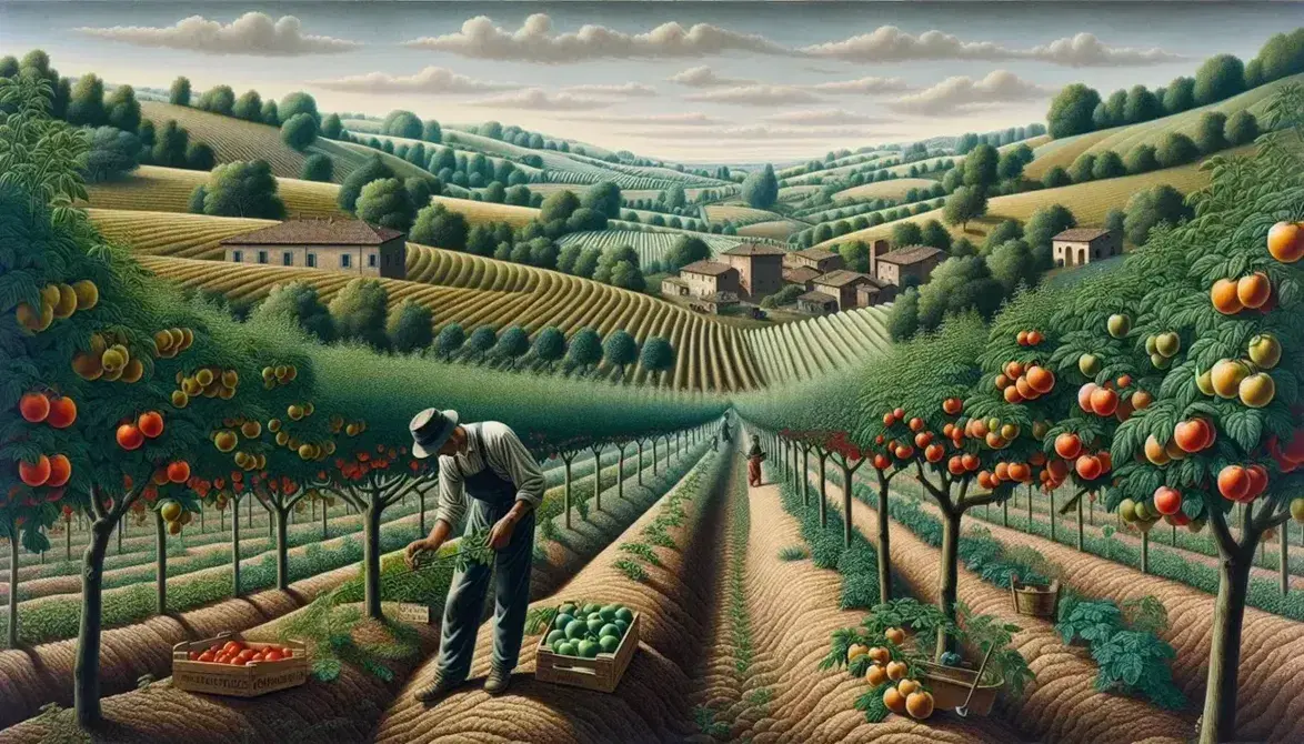 Paesaggio rurale emiliano con filari di alberi da frutto, lavoratore in campo, colline verdi e cielo azzurro con nuvole sparse.