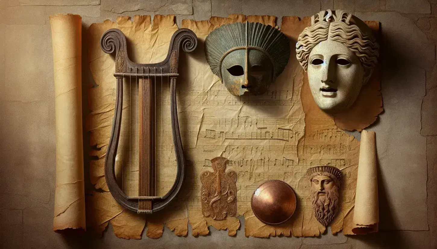 Pergamena antica su sfondo pietra con lira in legno scuro, maschera teatrale greca e elmo corinzio in bronzo.