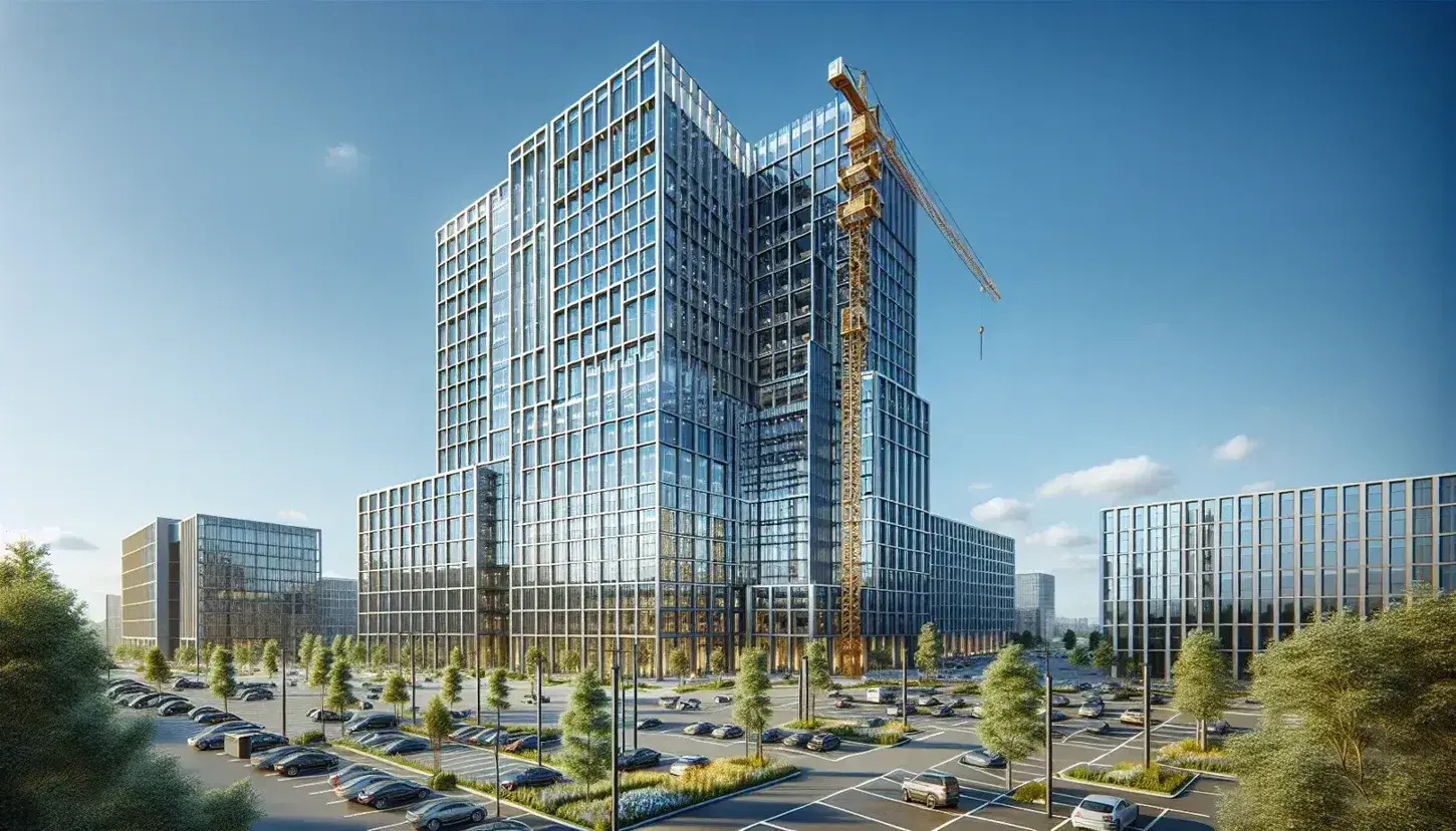 Modern glass and steel high-rise office building with reflective windows, adjacent yellow construction crane, and a full parking lot under a clear blue sky.