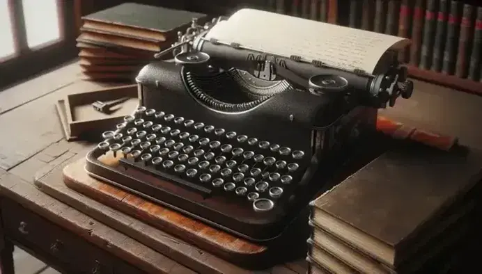 Vintage typewriter on wooden desk with stack of cream paper and blurred bookshelf in background, evoking a nostalgic writing ambiance.