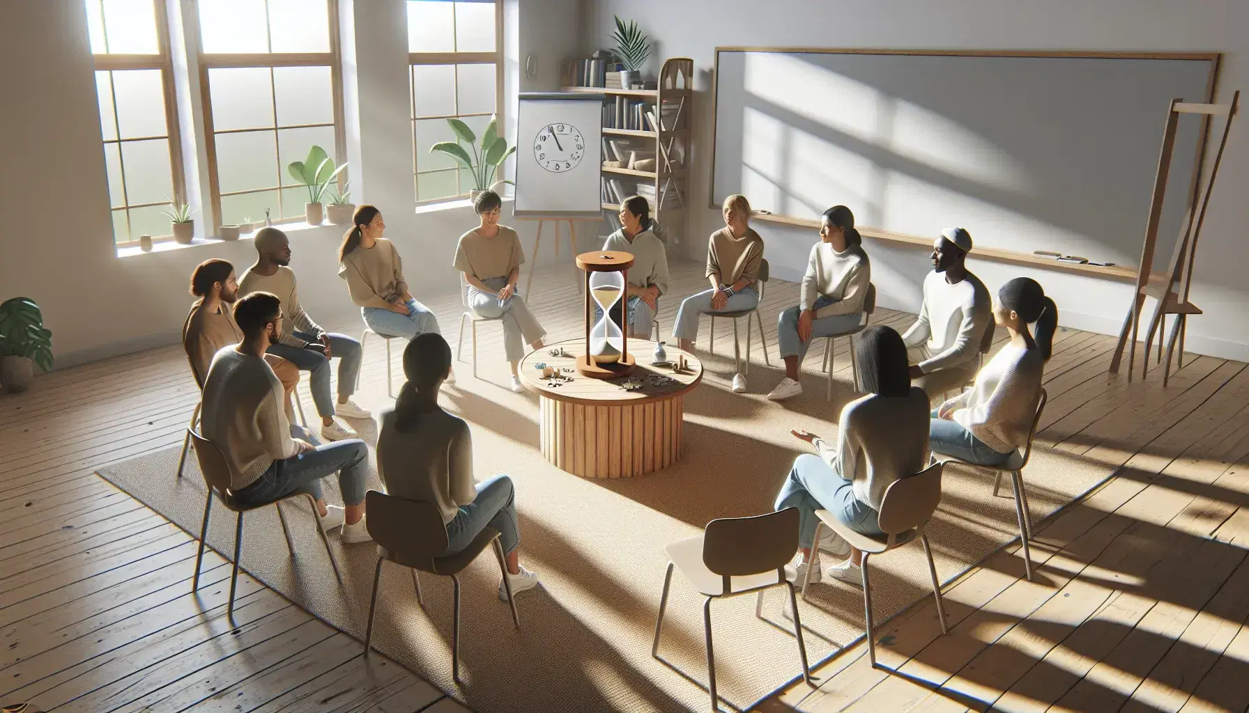 Grupo diverso de personas sentadas en círculo en una sala iluminada naturalmente, con mesa central conteniendo un reloj de arena, rompecabezas y planta, frente a una pizarra blanca.