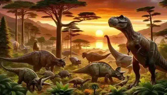 Paisaje prehistórico al atardecer con un Tyrannosaurus Rex, un Triceratops y Diplodocus alimentándose entre árboles, reflejando el sol en un lago tranquilo.