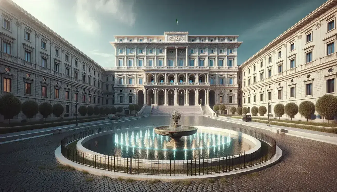 Vista frontale del Palazzo del Quirinale con cielo azzurro, scalinata centrale, fontana ornamentale e giardini verdi, senza persone.