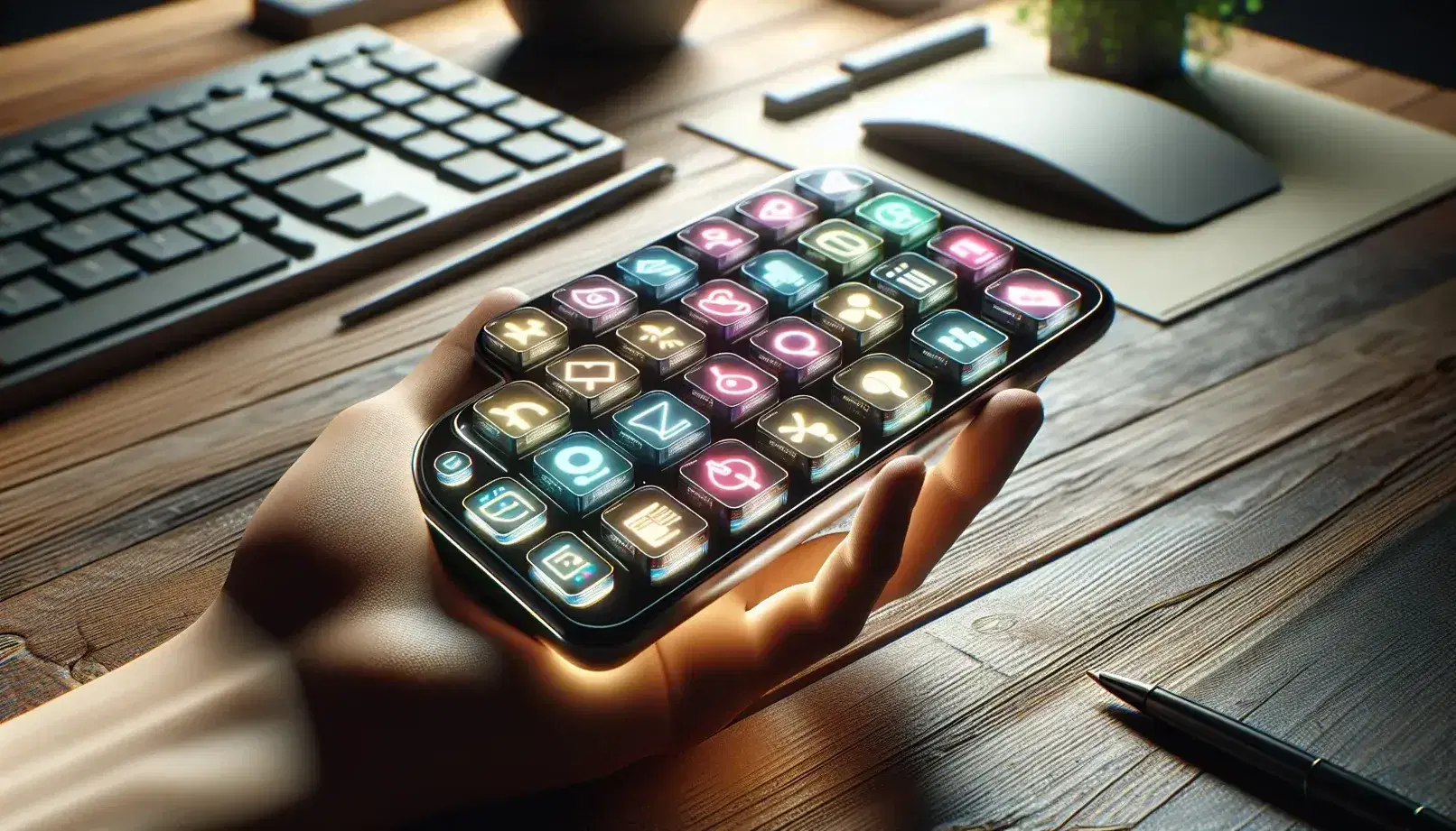 Mano sujetando un dispositivo móvil con pantalla iluminada mostrando iconos coloridos sobre una mesa de madera con teclado y monitor al fondo.