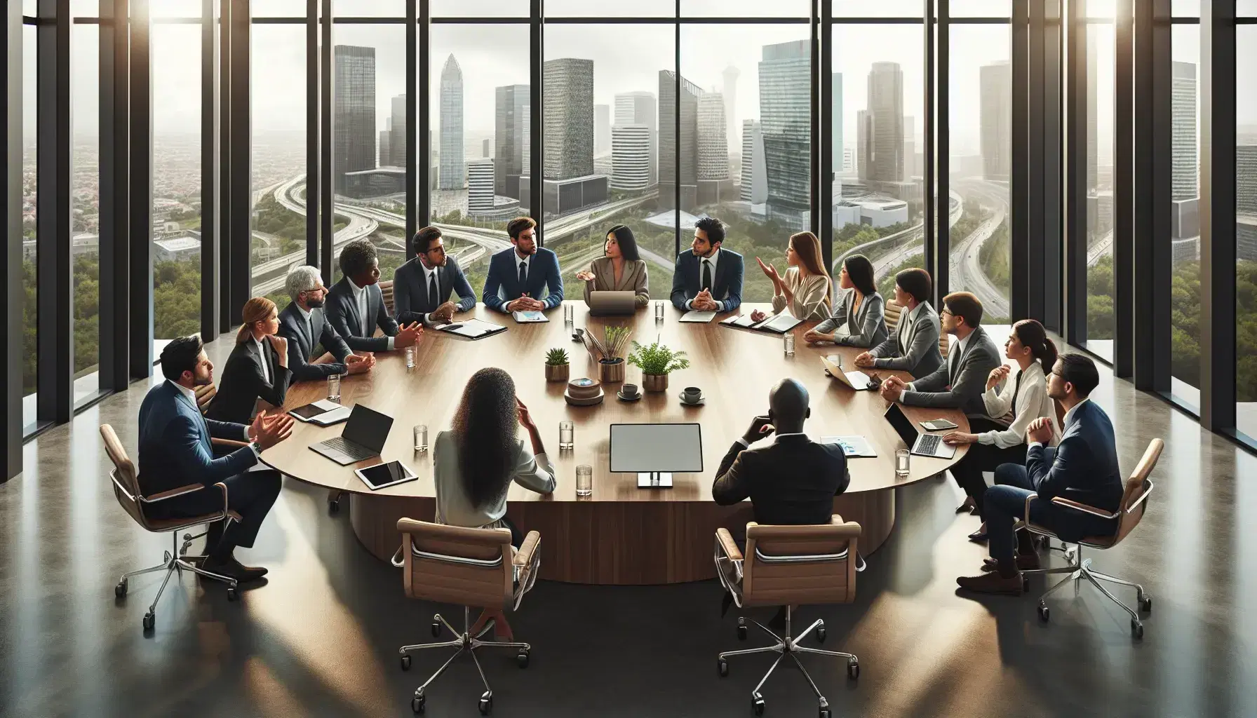 Diverse group of professionals engaged in a meeting around an oval table with laptops in a bright room with cityscape views.