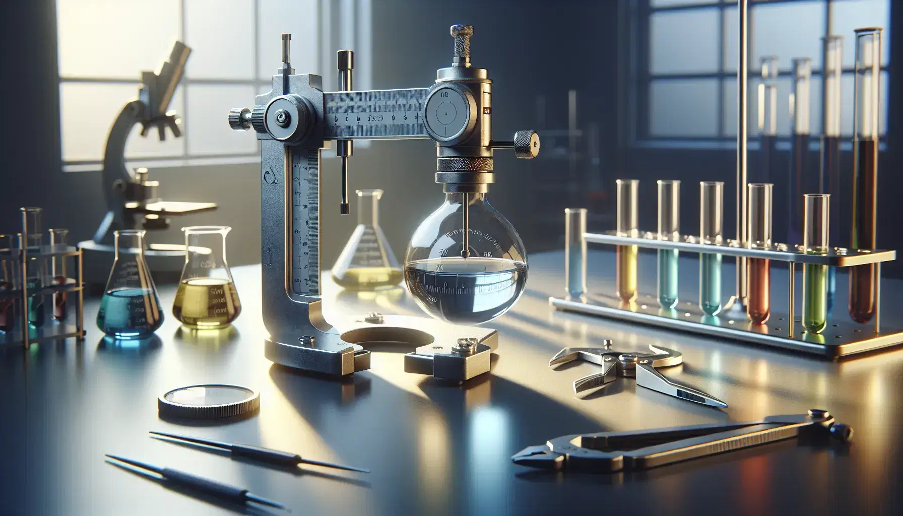 Mesa de laboratorio con micrómetro de precisión, calibre Vernier, matraz Erlenmeyer con líquido azul y termómetro en soporte universal, junto a tubos de ensayo con líquidos de colores.