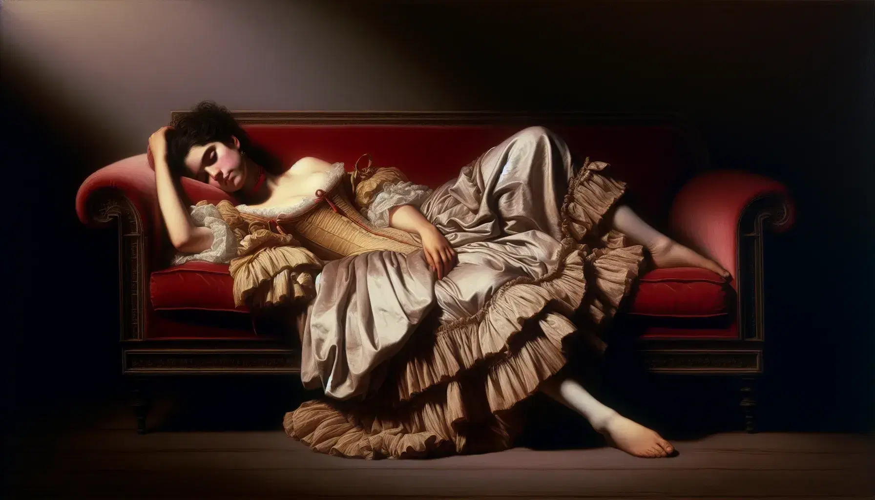 Riproduzione fotografica del dipinto 'La maja vestida' di Francisco Goya con donna distesa su divano rosso in abito del XVIII secolo.