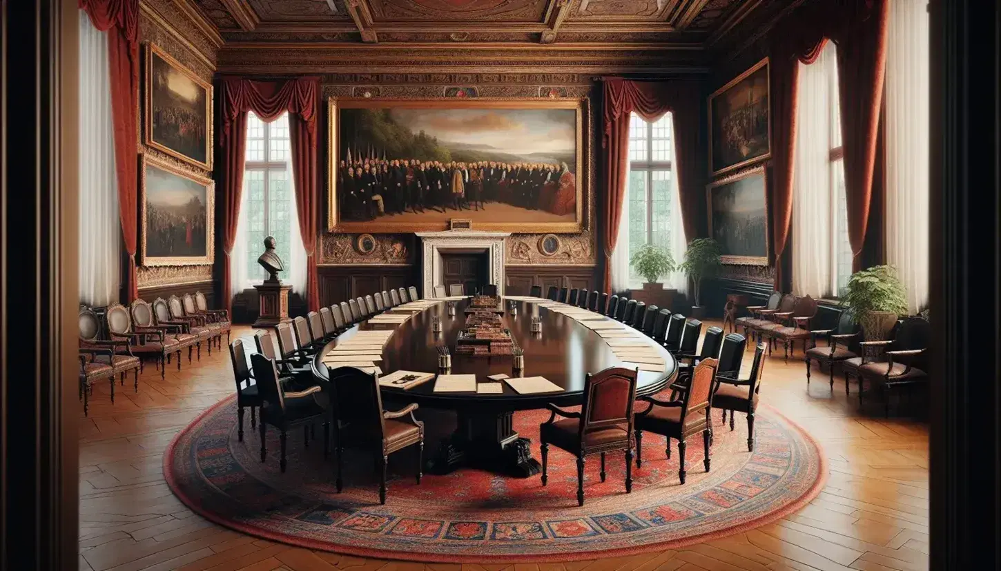 Sala storica neoclassica con tavolo ovale in legno, sedie in velluto rosso, documenti sparsi, statue e dipinti, senza testi visibili.