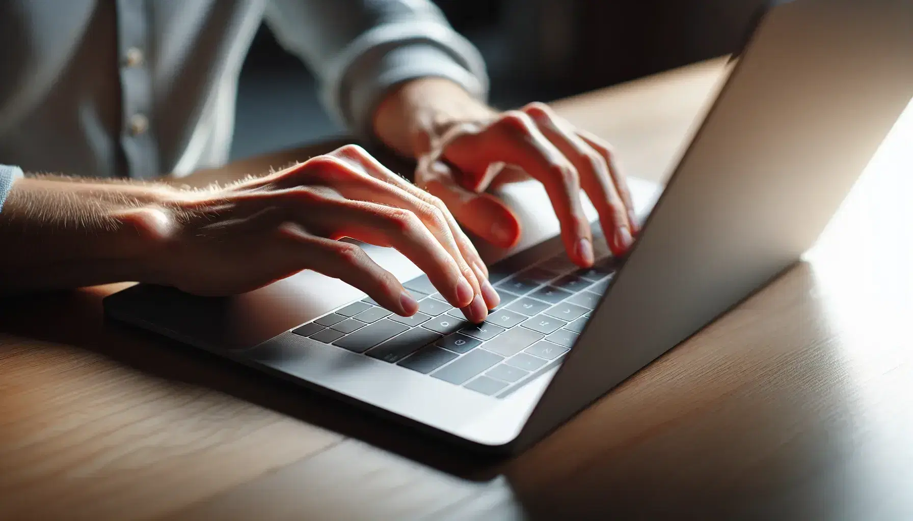 Hands of a person typing on a laptop keyboard on wooden desk with blurred green plant in the background, serene programming environment.
