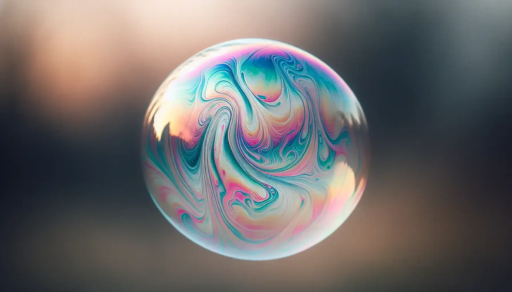 Bolla di sapone iridescente sospesa con riflessi pastello e sfondo sfocato naturale.