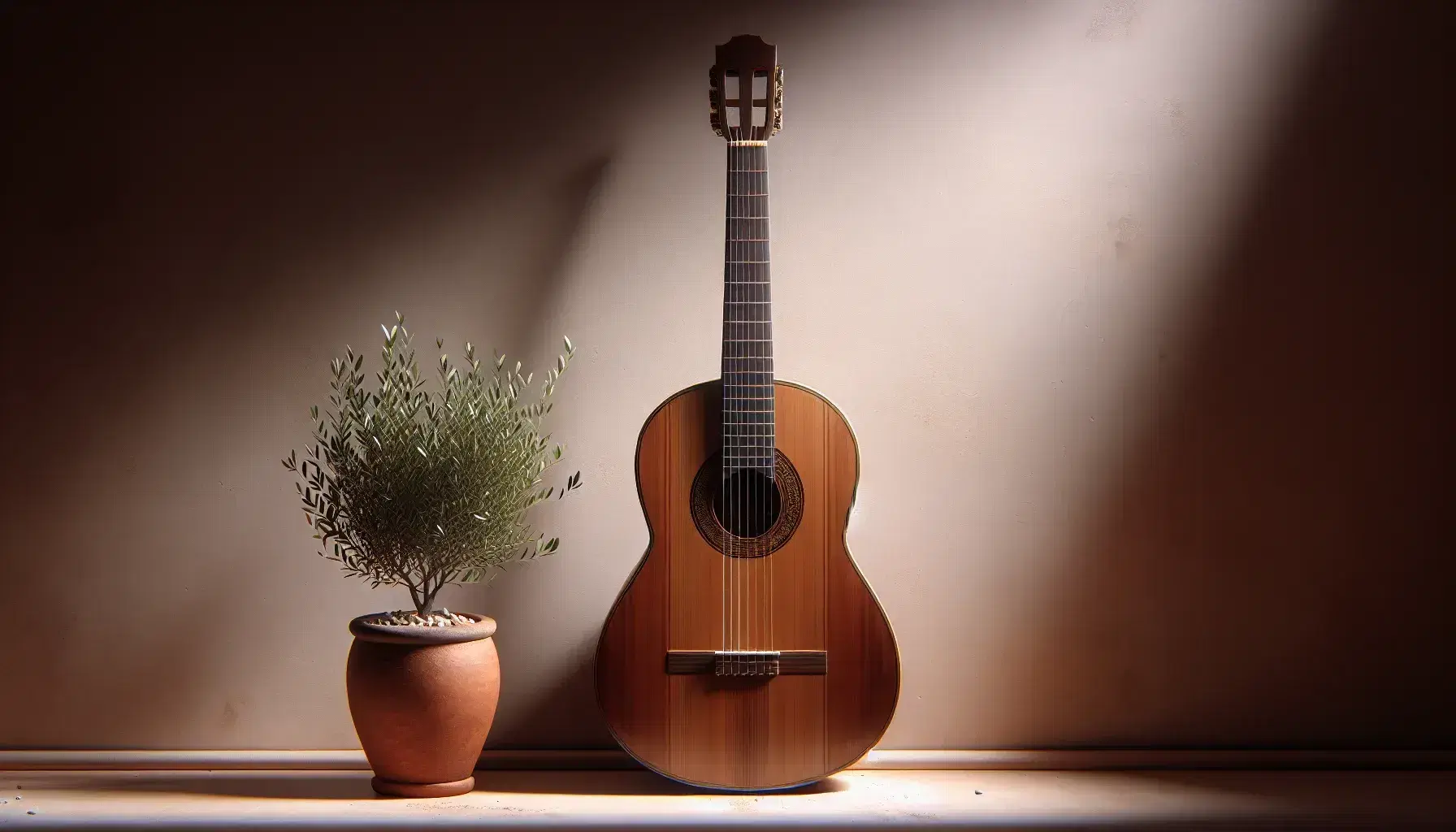 Guitarra española clásica apoyada verticalmente con fondo neutro, cuerpo de madera brillante y orificio sonoro decorado, junto a olivo en maceta de barro.