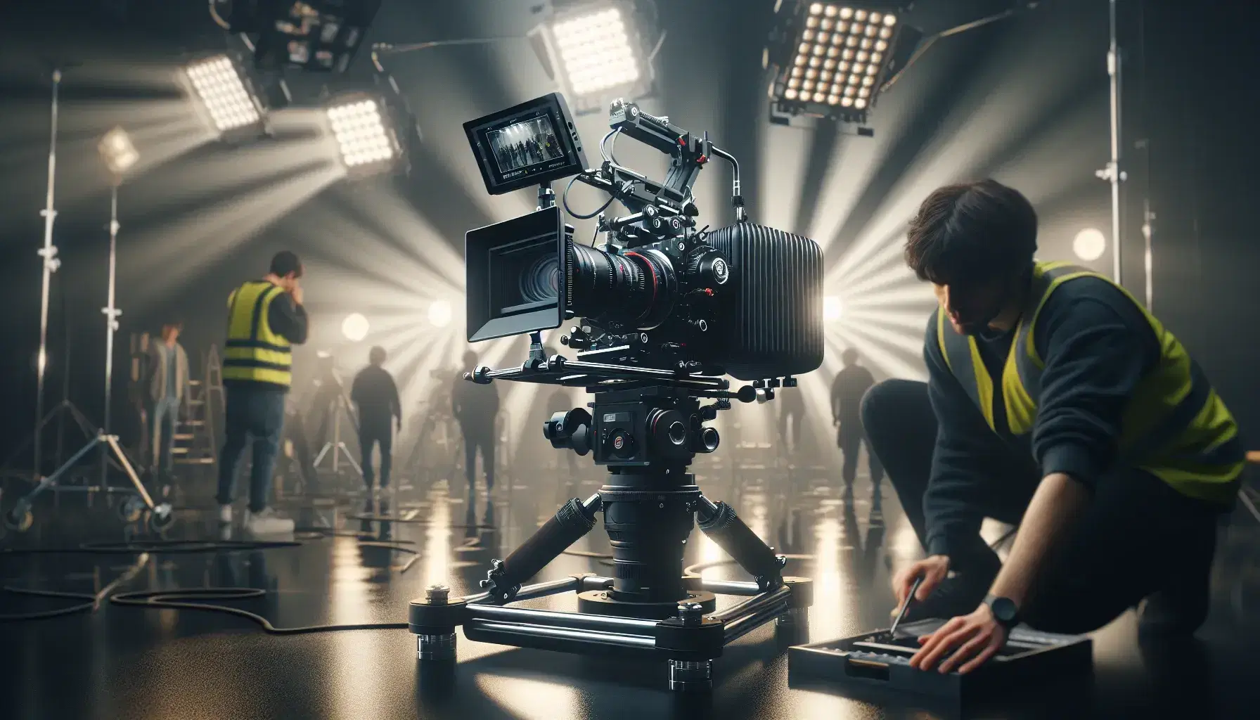 Set cinematografico con operatore che regola una telecamera professionale su treppiede e assistente di produzione attento con copione.
