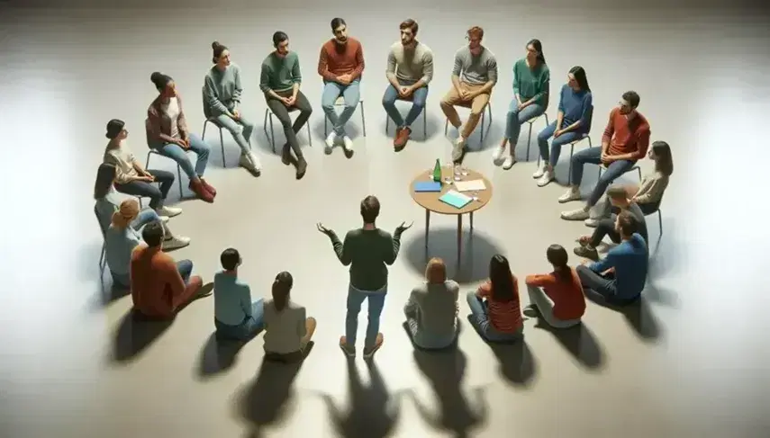 Grupo diverso de personas sentadas en semicírculo escuchando a un orador en un ambiente de taller con mesa de agua en primer plano.