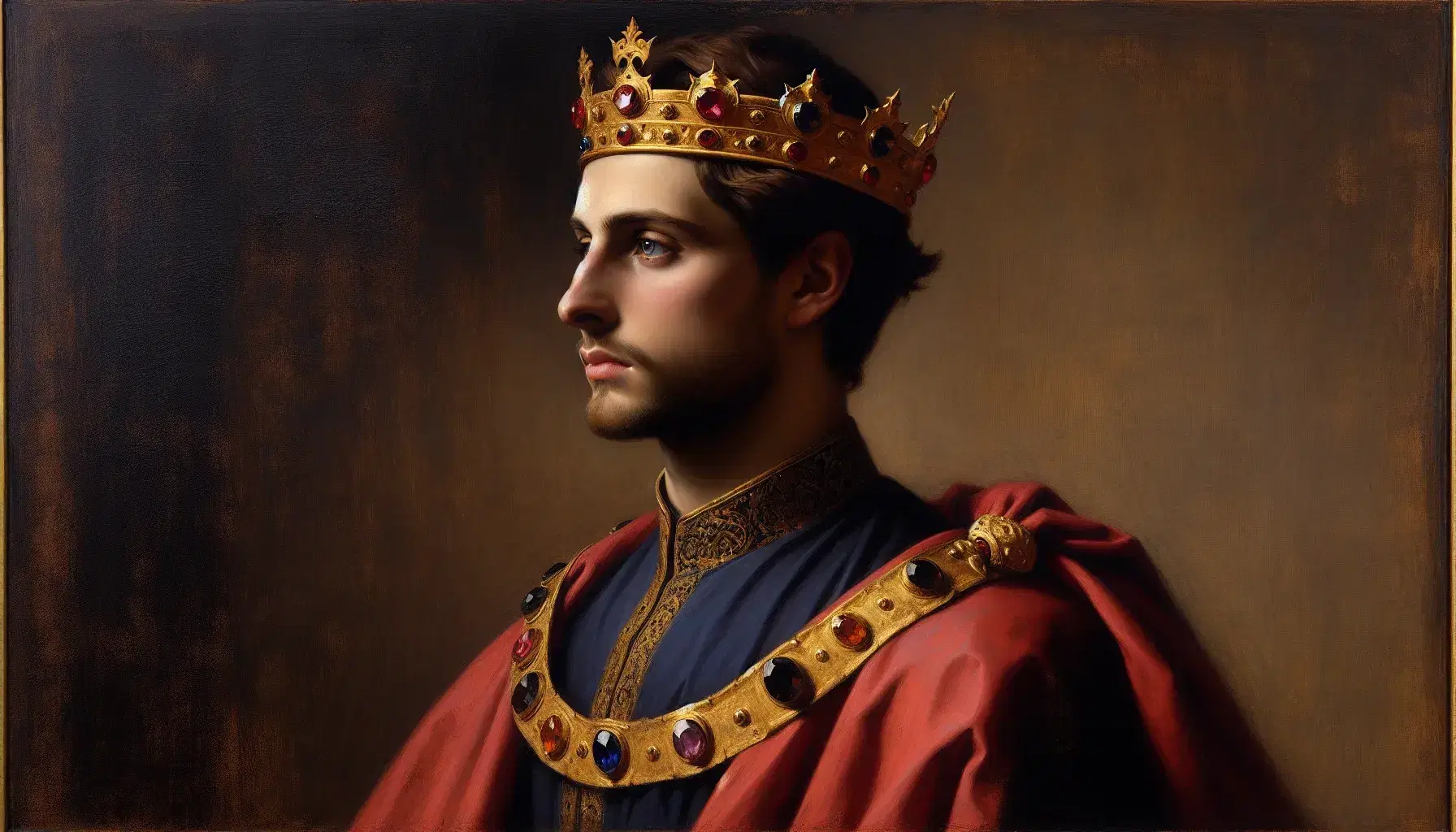 Ritratto olio su tela di figura reale in profilo con mantello rosso, tunica blu e corona dorata, espressione seria e pensierosa.