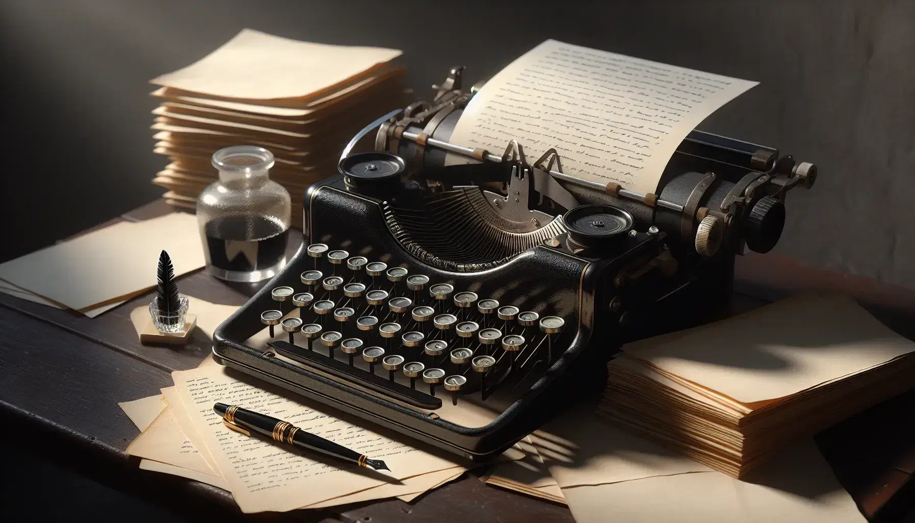 Máquina de escribir antigua con teclas blancas sobre mesa de madera oscura, junto a tintero con pluma y libro abierto, en ambiente sombreado.