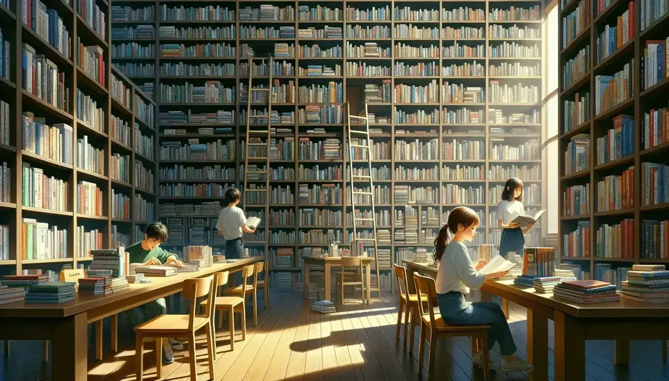 Scena tranquilla in biblioteca con ragazza che legge al tavolo e ragazzo che sceglie libri da scaffale alto con scala.