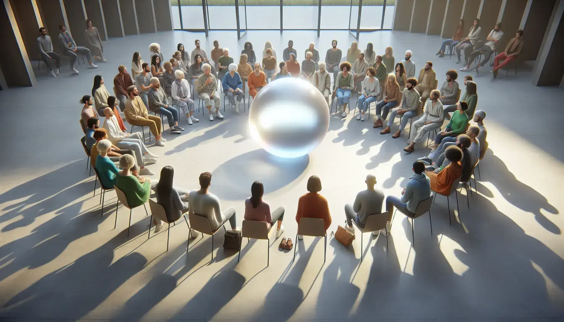 Grupo diverso de personas sentadas en círculo alrededor de una esfera transparente flotante en un espacio iluminado, interactuando activamente en una actividad grupal.