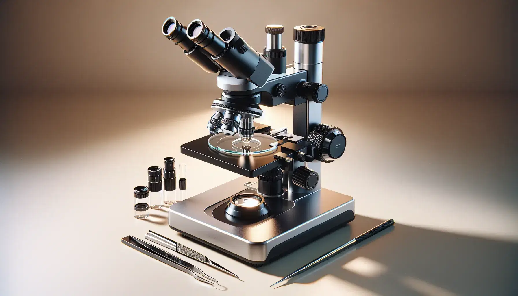 Microscopio óptico de laboratorio moderno en mesa clara con pinzas metálicas y portaobjetos con muestra biológica, iluminación suave y fondo neutro.