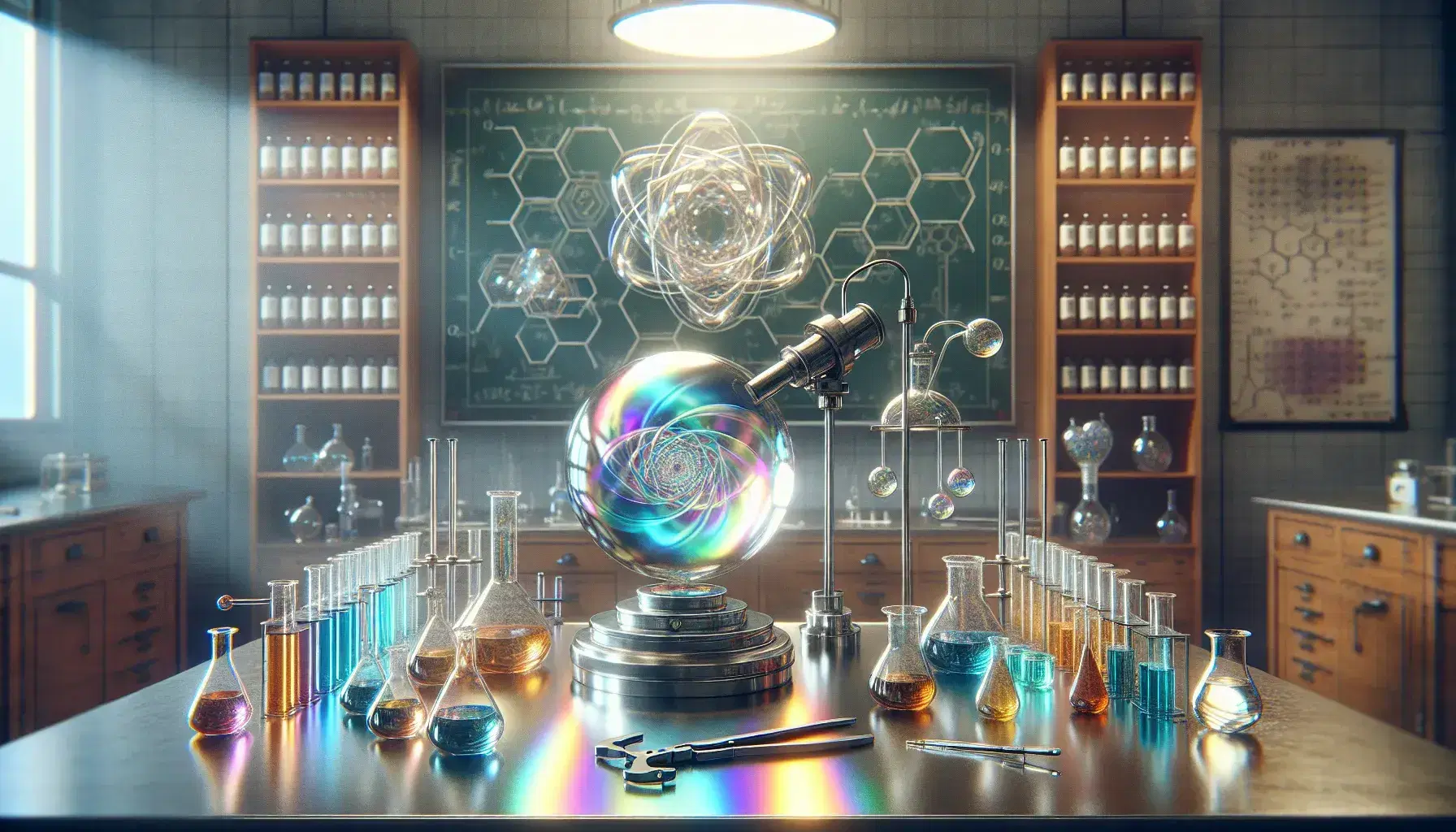 Laboratory with scientific equipment including a flask with iridescent liquid, calipers holding a crystal, glass tubes with glowing gas, and a quantum dot solar cell.