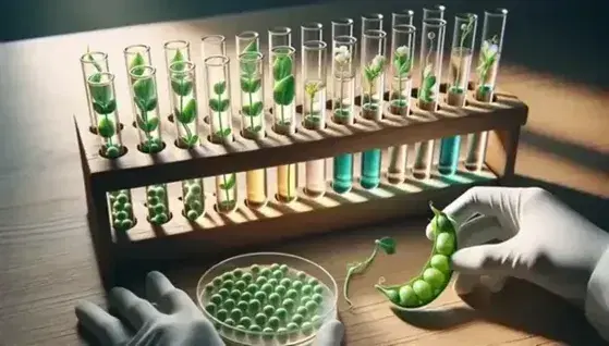 Close-up view of a wooden lab table with a rack of colorful liquids in test tubes and pea plants in a petri dish, with gloved hands placing a pea pod.