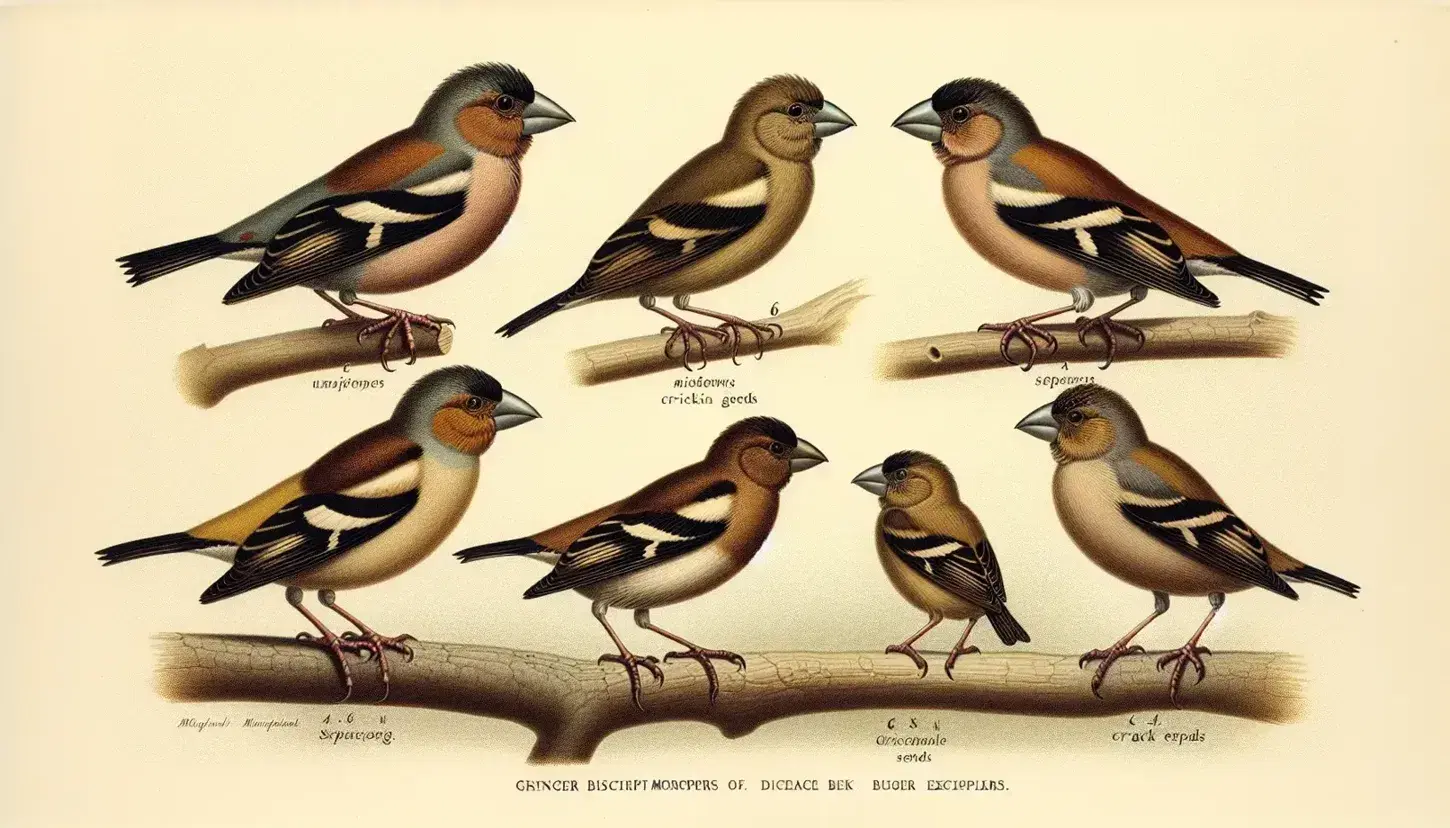 Variety of finch birds with different beak shapes perched on a branch, illustrating adaptations for diverse diets in a natural setting.