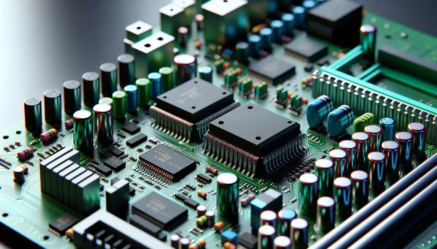 Detailed close-up of a green motherboard with cache memory chips, cylindrical capacitors, colored resistors and power connectors.