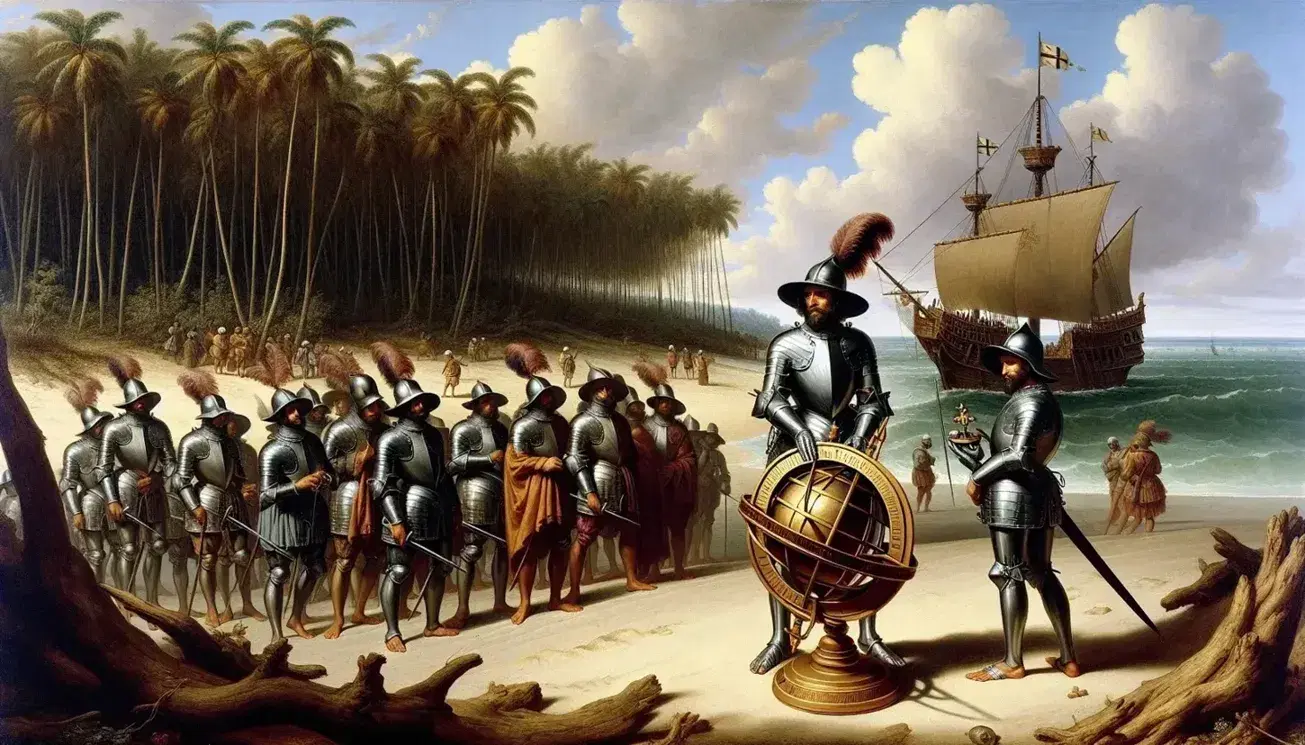 Conquistadores españoles desembarcando en playa arenosa con armaduras y cascos, uno sostiene un astrolabio, bajo un cielo parcialmente nublado y vegetación tropical al fondo.
