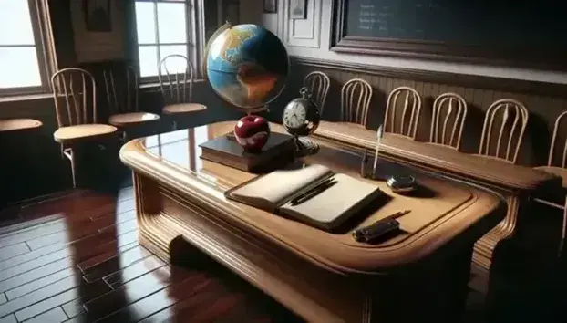 Aula d'epoca con banco in legno chiaro, sedia, mela rossa, orologio da tasca, penna stilografica, quaderno aperto e globo terrestre.