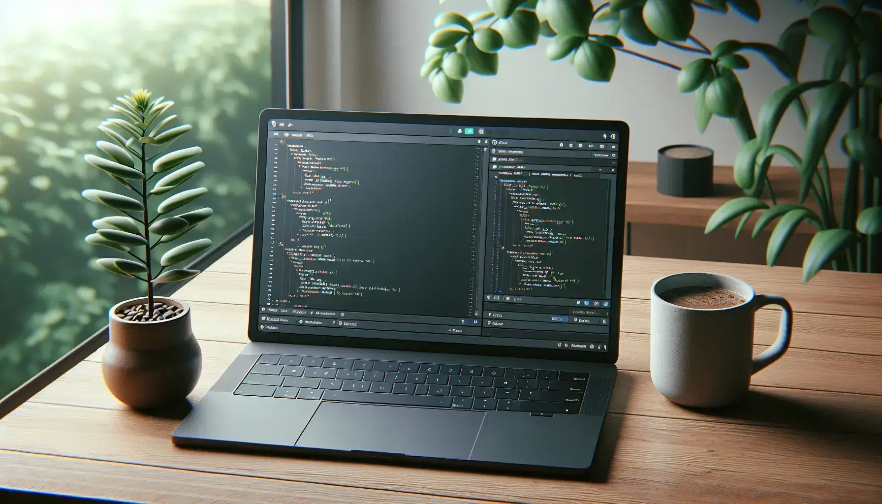 Modern laptop on light wooden desk with white coffee cup, green plant in terracotta pot and window with blurred green background.