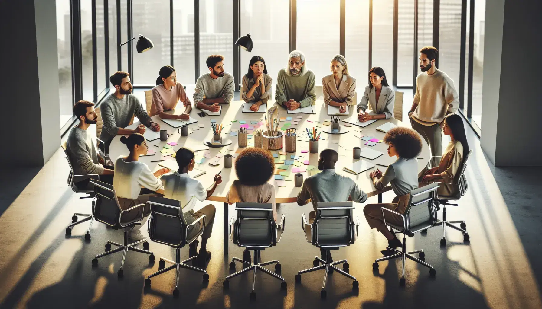 Diverse team engaging in a meeting around a circular table with sticky notes and stationery, in a modern office with a city view.