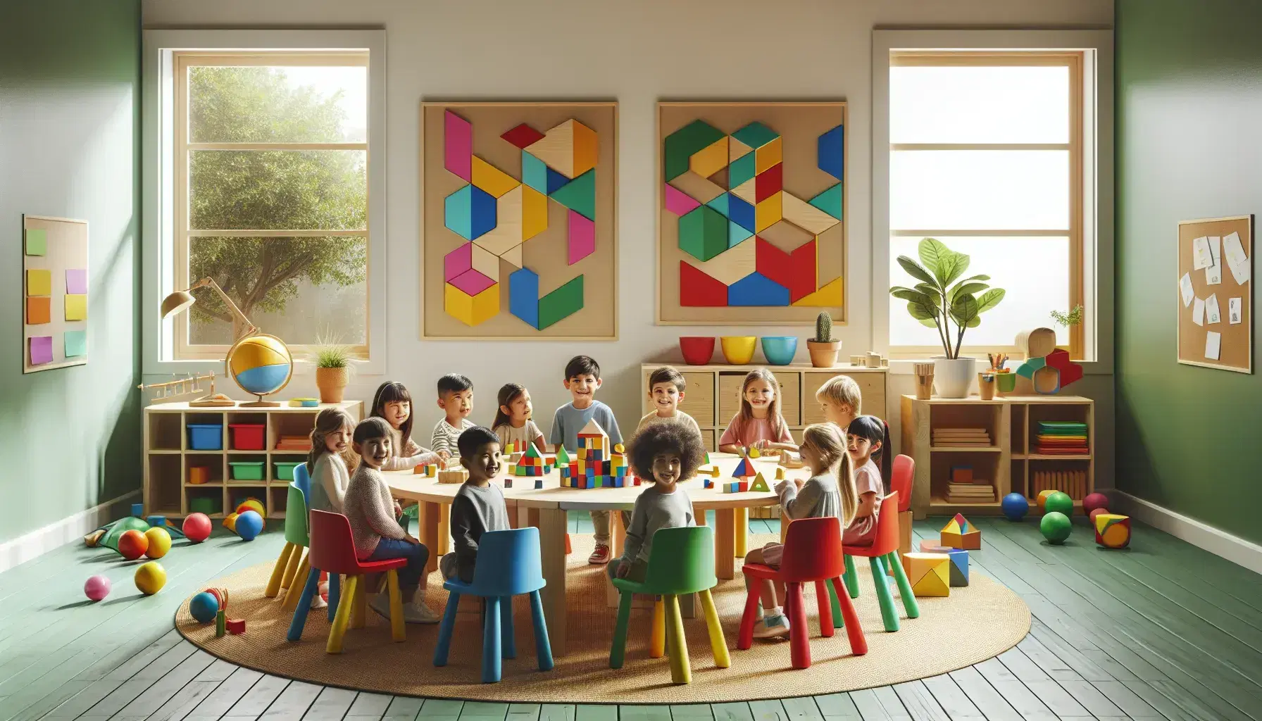 Aula colorida con niños sonrientes de diversas etnias interactuando alrededor de una mesa con bloques geométricos, fondo con pizarrón blanco y posters, estantería con libros y juguetes.
