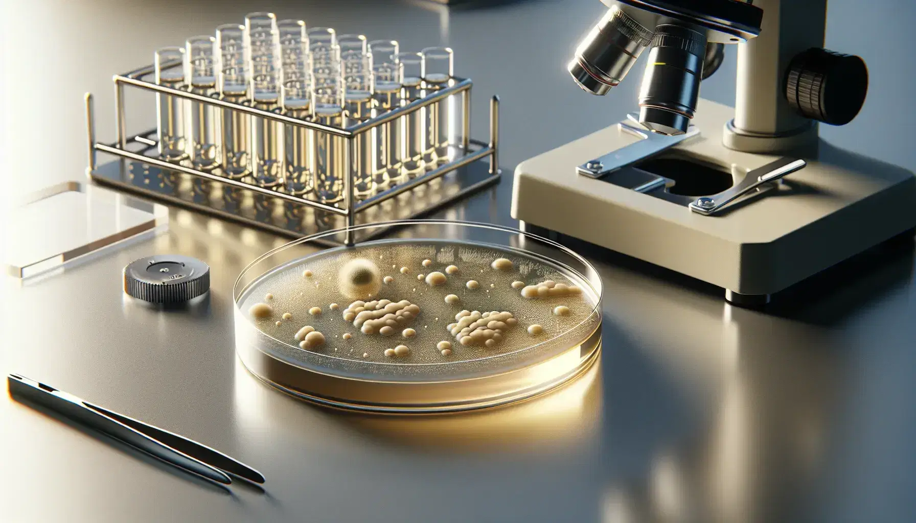 Close-up view of a petri dish with various-sized bacterial colonies on a beige medium, lab tongs, and a glass slide on a gray countertop with a microscope in the background.
