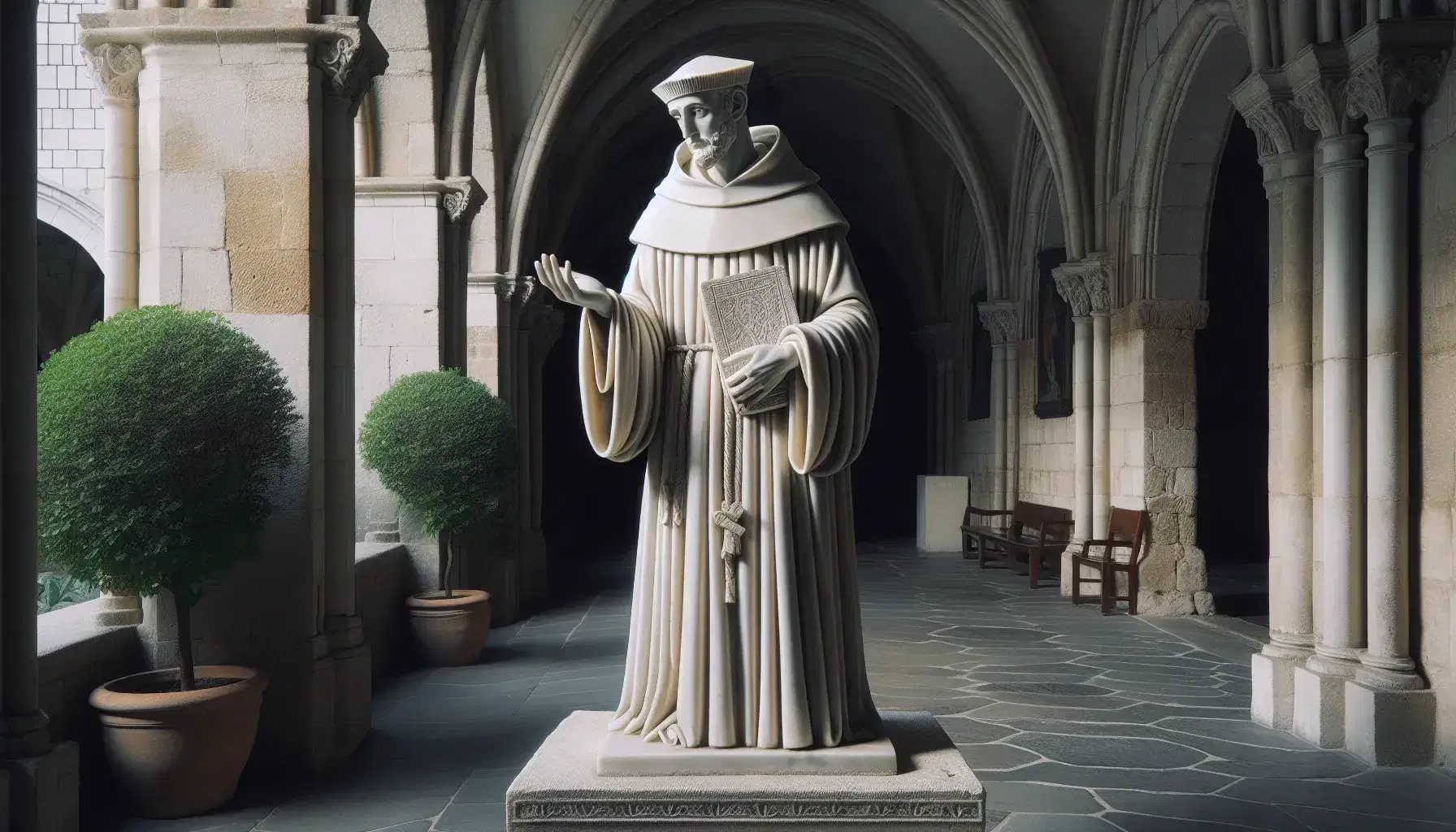 Estatua de mármol blanco de filósofo medieval en hábito dominico, con una mano extendida y la otra sosteniendo un libro, en un claustro antiguo iluminado naturalmente.