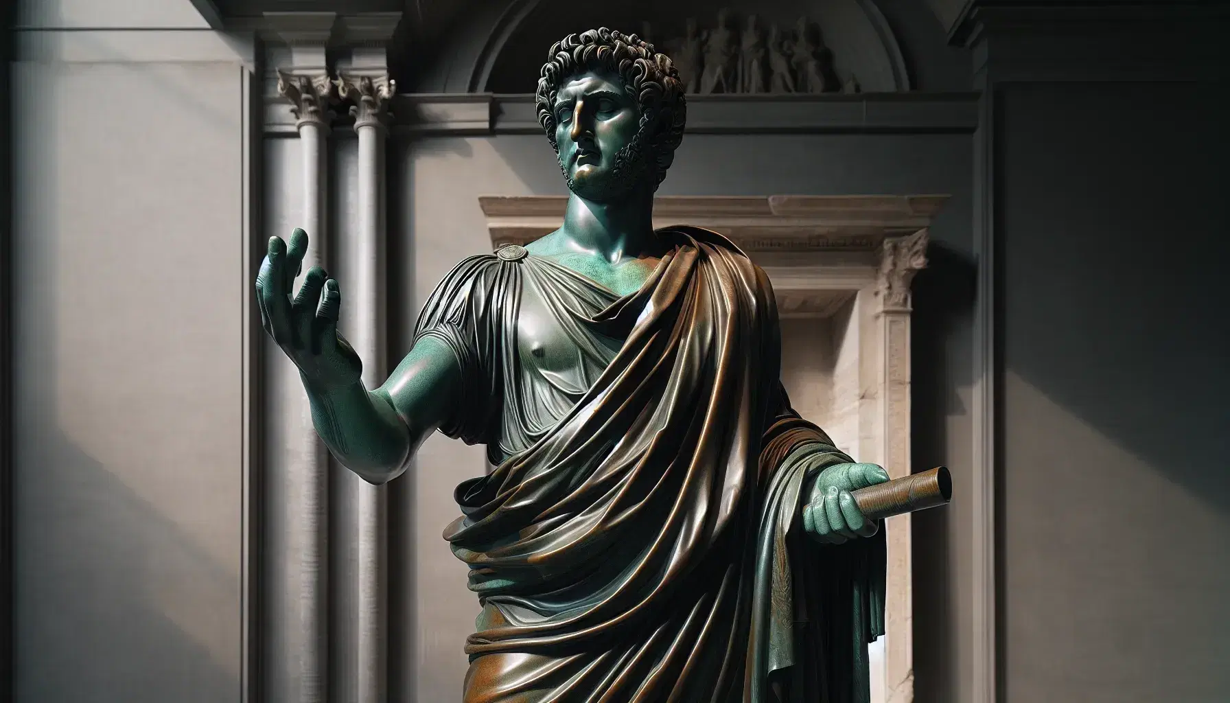 Statua in bronzo di figura romana storica con toga, in posa pensierosa su piedistallo di marmo grigio, circondata da elementi architettonici romani.