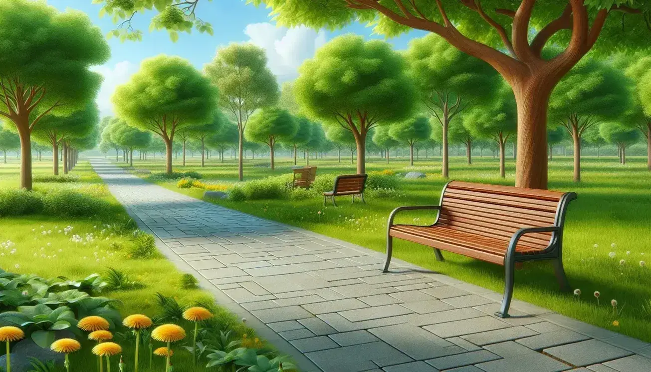 Wooden bench on light stone path in quiet park, green grass and dandelion, leafy trees and blue sky with clouds.