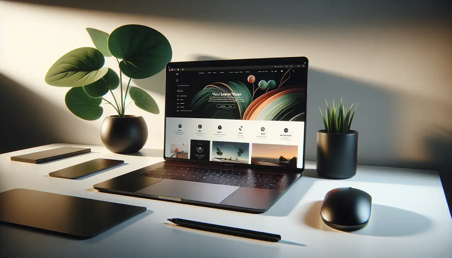 Modern laptop on white desk with lit screen showing colorful web page, black wireless mouse and green plant in white pot.
