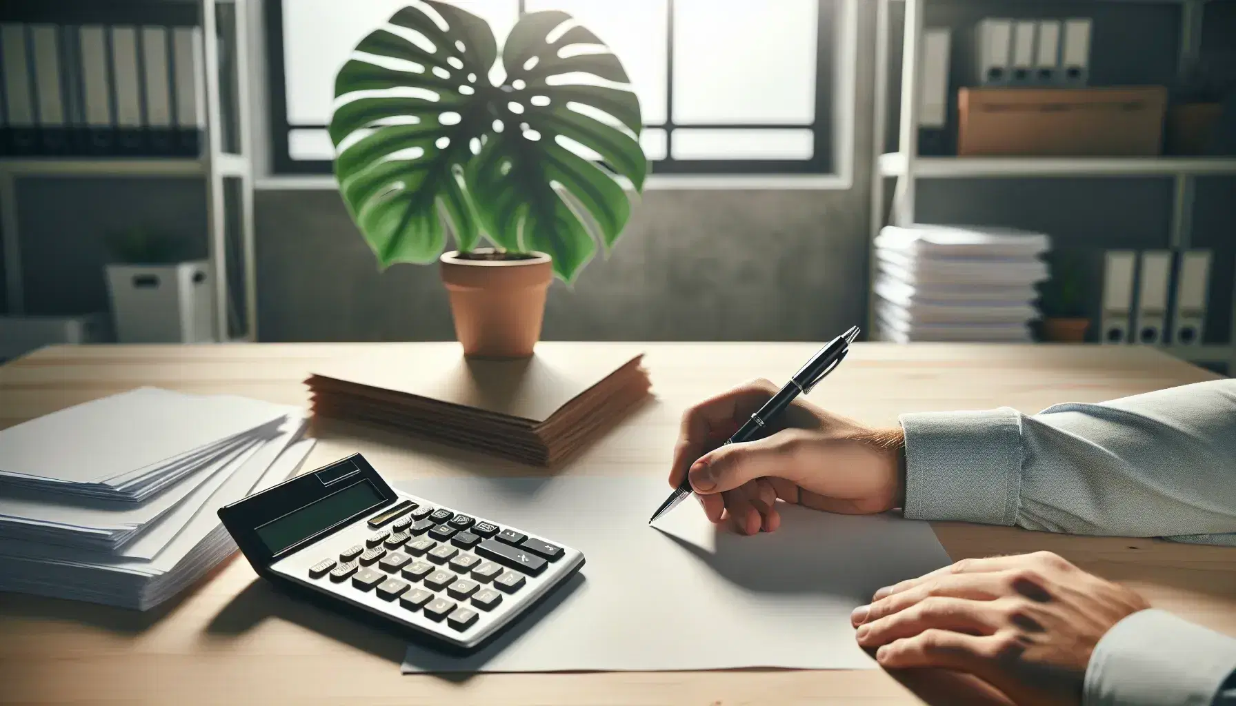 Ufficio fiscale con scrivania in legno, documenti ordinati, calcolatrice spenta e penna, mano pronta a scrivere, pianta verde sullo sfondo.