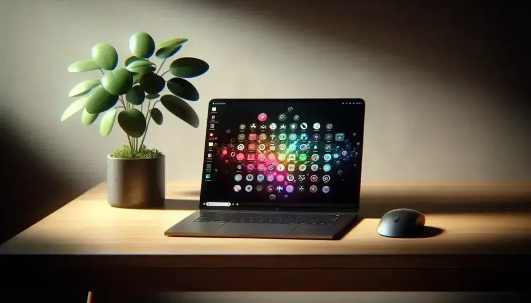Modern black laptop with colorful app icons on screen, wireless mouse, and potted plant on a wooden desk against a neutral wall, creating a serene workspace.