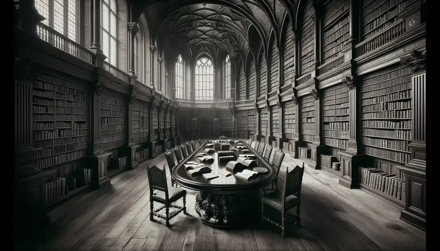 Biblioteca universitaria antica con scaffali in legno scuro pieni di libri rilegati, tavolo ovale centrale e sedie imbottite, luce naturale da finestra ad arco.