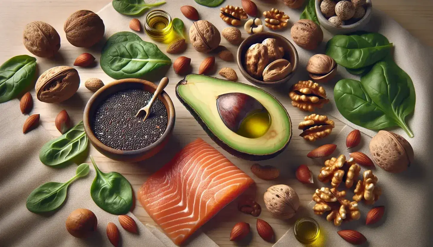 Aguacate partido, nueces, semillas de chía, rodajas de salmón y hojas de espinaca dispuestas sobre una superficie de madera clara, destacando alimentos ricos en lípidos.