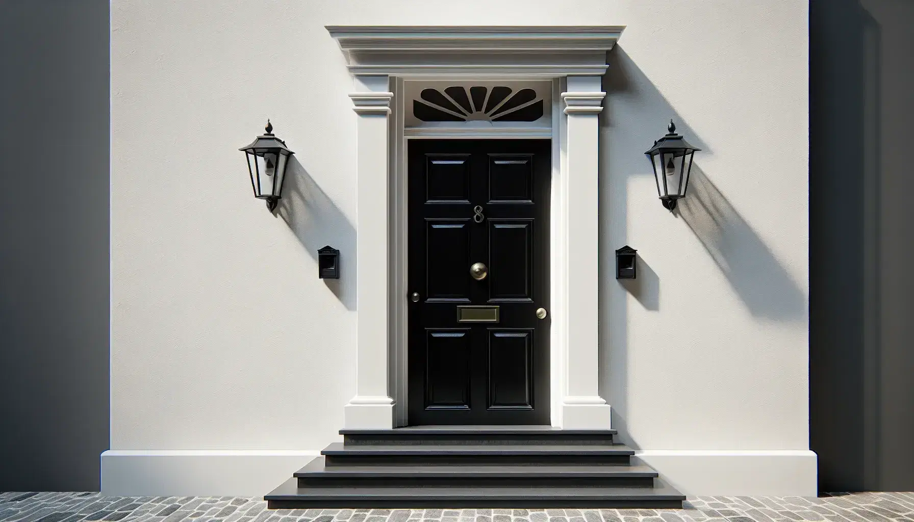 Elegant black door with brass doorknob and letterbox, flanked by glossy pillars and lanterns, set in a white stone facade with a fanlight window.