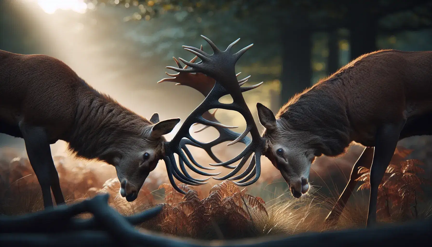 Two male deer with tangled antlers in a fight for dominance, in a blurry forest at sunset.