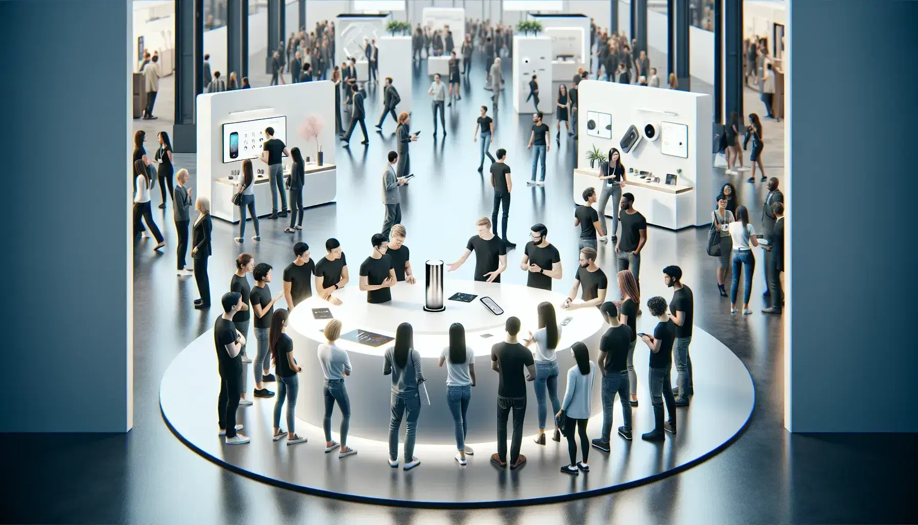 Diverse crowd engaging with high-tech gadgets at a modern product demonstration booth in a vibrant marketing event hall.