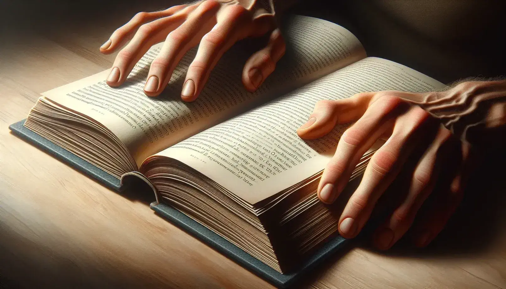 Close-up of hands gently holding an open hardcover book with unidentifiable text, resting on a wooden table in soft lighting.