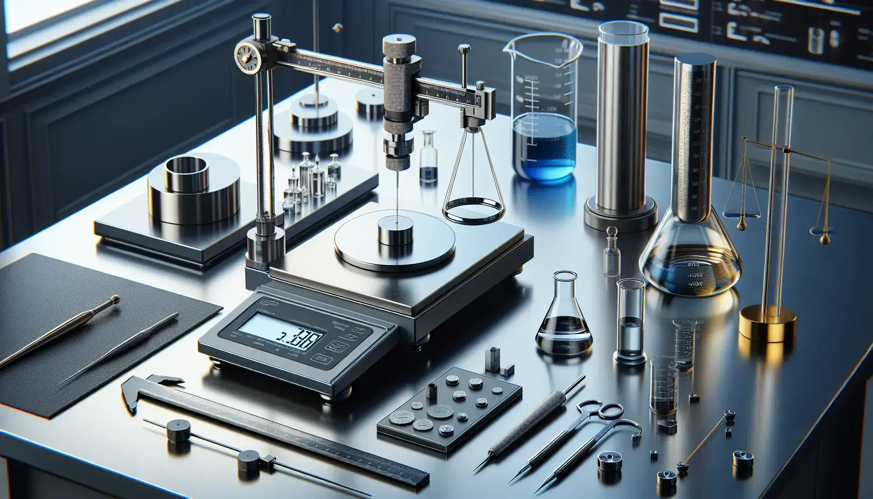 Laboratorio scientifico moderno con tavolo in acciaio, calibro, micrometro, bilancia analitica digitale, pesi calibrati e becher su piastra riscaldante.