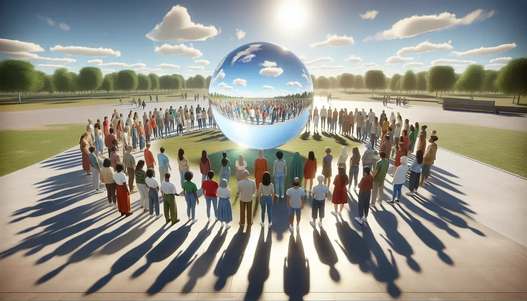 Grupo diverso de personas de distintas edades y etnias en círculo alrededor de una esfera de cristal en un parque, reflejando el cielo azul y nubes.