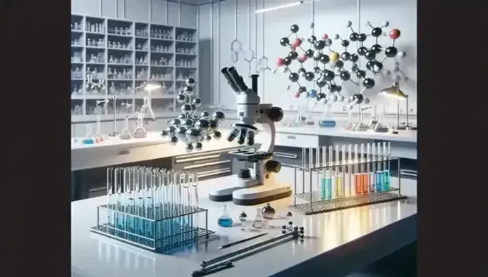 Laboratorio scientifico con microscopio, provette colorate in supporto blu e modello molecolare, su sfondo di mensole con attrezzature.