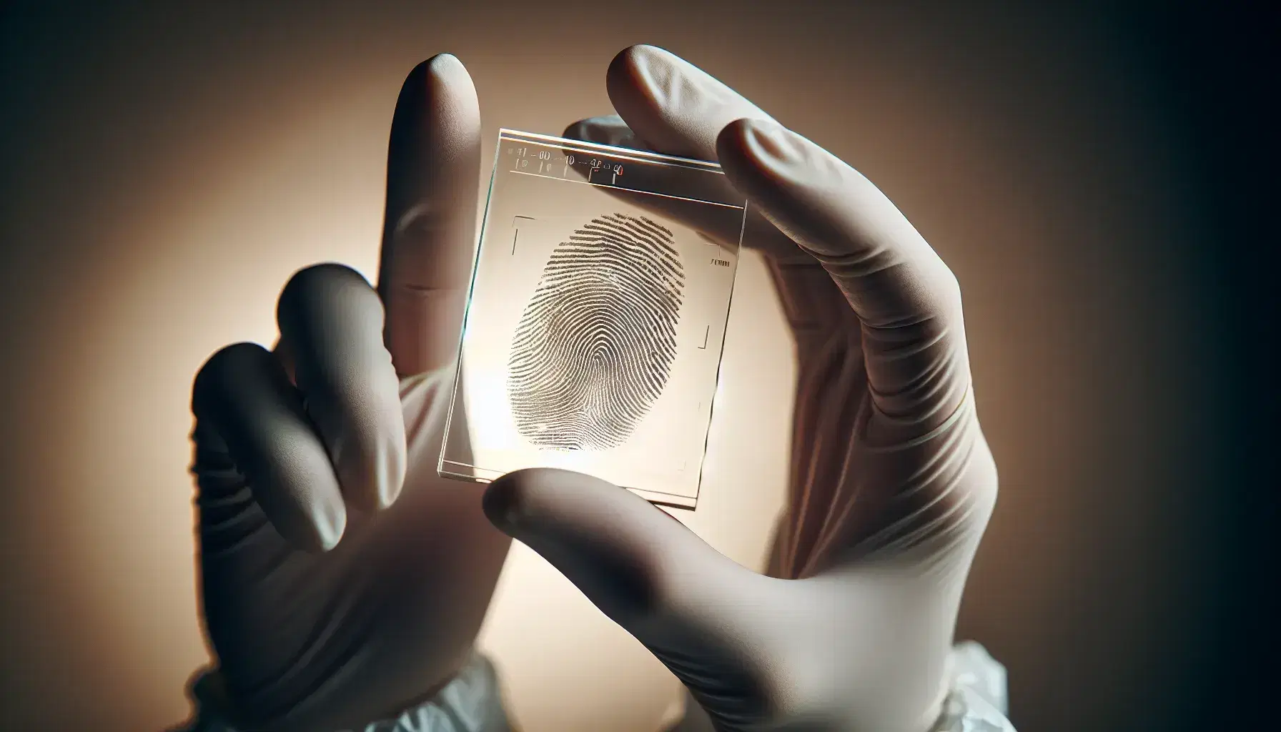 Close-up of a hand with latex glove holding a glass plate with defined fingerprint, on neutral blurred background.