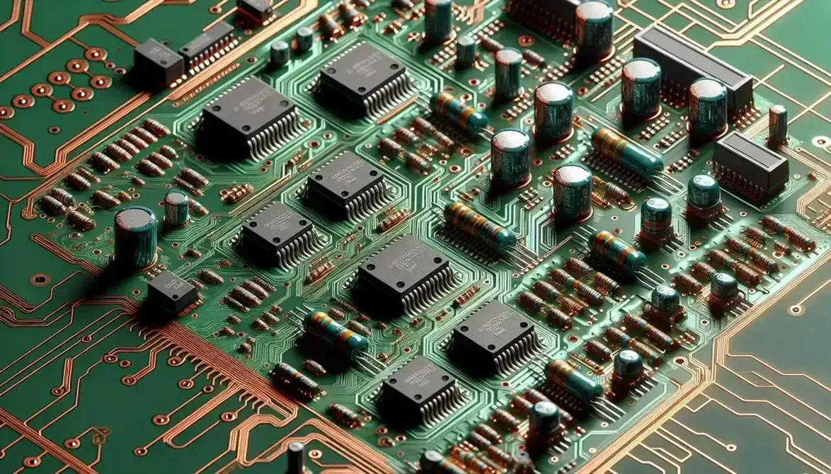 Close-up of a green electronic board with integrated circuits, capacitors, resistors and traces of copper, details of components.