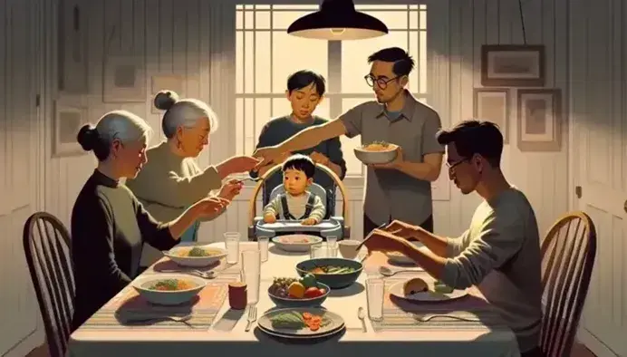 Multi-ethnic family dinner with Caucasian grandmother passing food to Hispanic child, grandfather and Asian teenager in conversation, middle-aged parents serving meal.